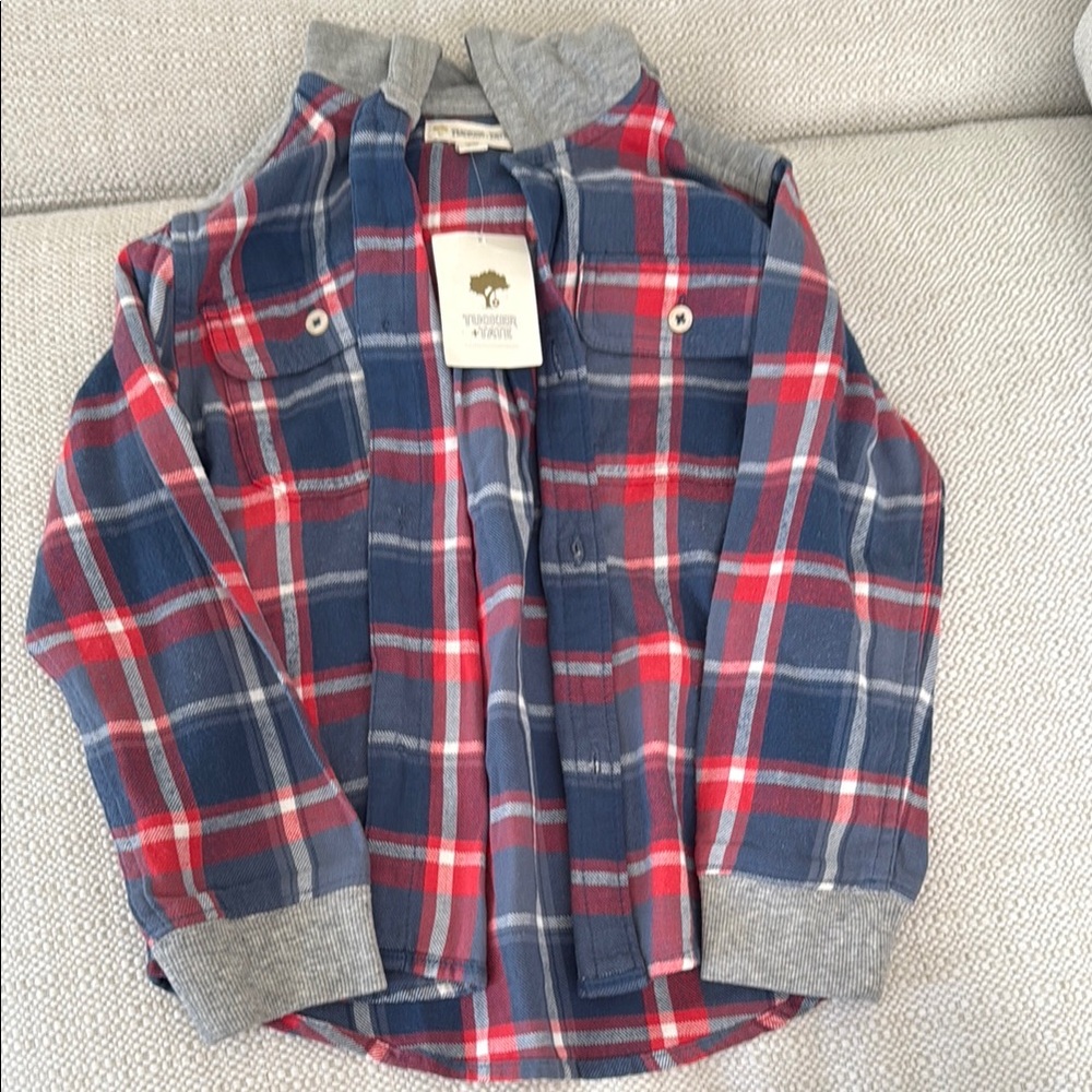 Hooded Blue and Red Button Down Shirt